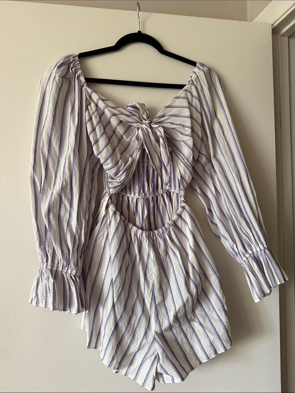 Top Shop Striped Tie-Front Romper in White and Lavender
